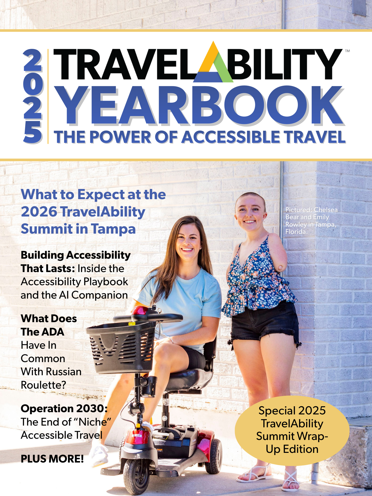 USAE Newscoverpng Cover of the 2025 TravelAbility Yearbook titled “The Power of Accessible Travel,” featuring two smiling adults outdoors in Tampa, Florida, one seated on a mobility scooter, with headlines highlighting accessible travel and the TravelAbility Summit.